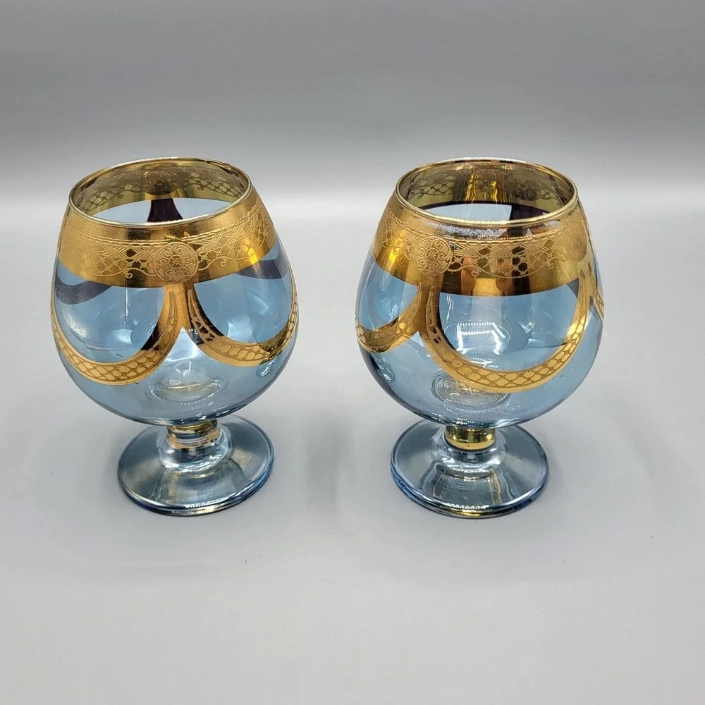 Vintage MCM Italian Brandy Snifter Set 2 Blue Gold Encrusted Filigree Glassware